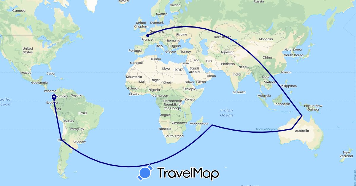 TravelMap itinerary: driving in Australia, Chile, Ecuador, France, Indonesia, Mauritius (Africa, Asia, Europe, Oceania, South America)